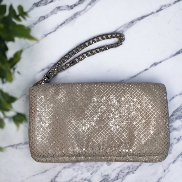GLINT Beige Mesh Evening Bag Clutch Flap Front Wristlet - Picture 6 of 6